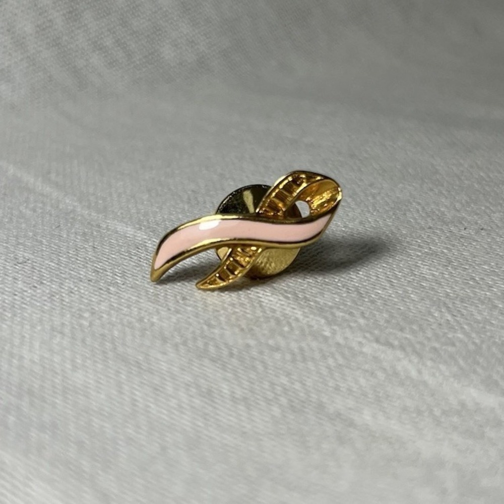 Avon Pink Cancer Awareness Ribbon Lapel Pin Gold Tone Trim Vintage